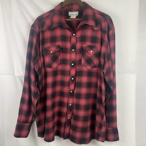 Wrangler Wrancher Flannel Shirt Mens size 2XT Red Black Pearl Snap Shirt Shacket